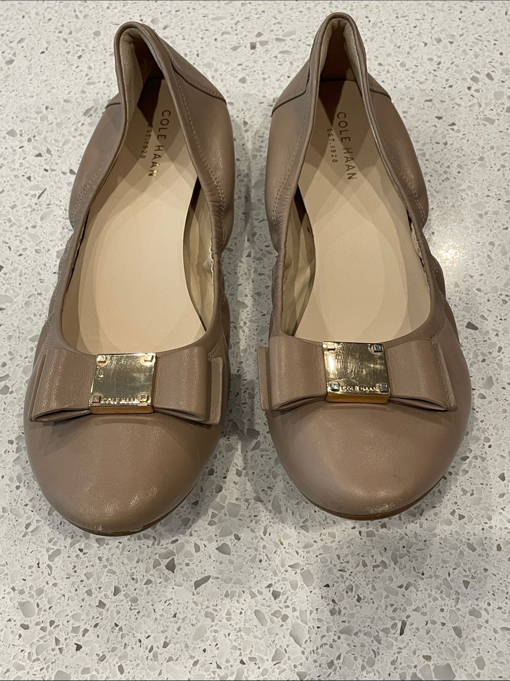 Cole Haan Taupe Leather Bow Flats with Gold Plaque